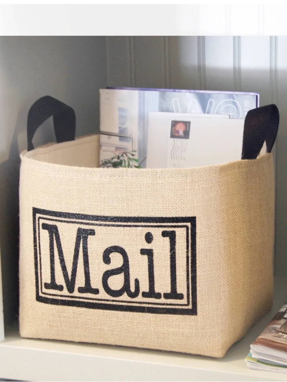 Canvas Mail Storage Basket with Handles - Natural and Black - Picture 1 of 10